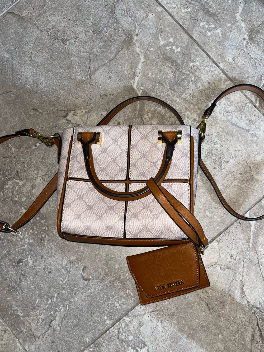 Steve Madden Beige Logo Mini Crossbody with Brown Trim